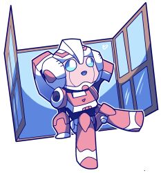 Rule 34 | alphaiswaifu, arcee, backpack, bag, blue eyes, chibi, highres, humanoid robot, robot, robot girl, science fiction, sitting in window, transformers, transformers animated, window