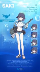 Rule 34 | absurdres, blue archive, bucket hat, commentary, english commentary, english text, gun, gun on back, hat, highres, holding, holding map, male swimwear, map, official art, saki (blue archive), saki (swimsuit) (blue archive), sandals, swim briefs, swimsuit, weapon, weapon on back, yutokamizu