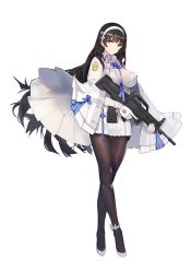 Rule 34 | 1girl, absurdres, ankle ribbon, assault rifle, between breasts, black hair, breasts, brown eyes, brown pantyhose, bullpup, cleavage, cloak, covered erect nipples, crossed legs, fingerless gloves, flower, full body, girls&#039; frontline, gloves, gun, hair flower, hair ornament, hairband, highres, holding, holding gun, holding weapon, impossible clothes, kishiyo, large breasts, leg ribbon, long hair, looking at viewer, pantyhose, pleated skirt, qbz-95, ribbon, rifle, skirt, smile, solo, standing, thigh gap, thighband pantyhose, transparent background, trigger discipline, type 95 (girls&#039; frontline), very long hair, watson cross, weapon, white gloves, white hairband
