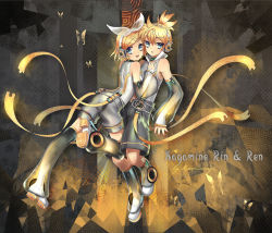 Rule 34 | 1boy, 1girl, bad id, bad pixiv id, blonde hair, brother and sister, bug, butterfly, detached sleeves, hair ornament, hairclip, headphones, highres, bug, kagamine len, kagamine len (append), kagamine rin, kagamine rin (append), kaminary, ribbon, short hair, siblings, twins, vocaloid, vocaloid append