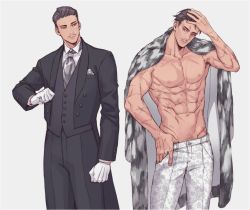 Rule 34 | 1boy, abs, ascot, black pants, black vest, butler, clenched hand, coat, coat on shoulders, facial hair, gloves, grey ascot, hair slicked back, hand in pocket, hand on own head, hand up, kikakubonko, male pubic hair, multiple scars, multiple views, mustache, mustache stubble, nipples, original, pants, pectorals, pocket square, pubic hair, scar, scar on arm, scar on chest, simple background, standing, stubble, toned, topless male, vest, white background, white gloves, white pants