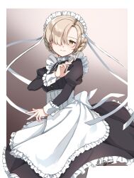 Rule 34 | 1girl, apron, as4gi, azur lane, black dress, blunt bangs, closed mouth, dated, dress, frilled apron, frills, hair between eyes, hair over one eye, hands up, highres, juliet sleeves, light blush, long sleeves, looking at viewer, maid, maid headdress, orange eyes, puffy sleeves, sheffield (azur lane), simple background, smile, solo, twitter username