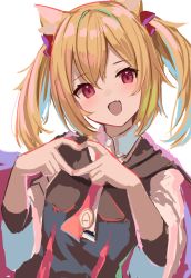 Rule 34 | 1girl, absurdres, arknights, black vest, blonde hair, blouse, blush, bow, collared shirt, dutch angle, fang, hair bow, hands up, heart, heart hands, highres, looking at viewer, medium hair, necktie, open mouth, red bow, red eyes, red necktie, shirt, simple background, skin fang, solo, sora (arknights), takashima shoa, twintails, upper body, vest, white background, white shirt