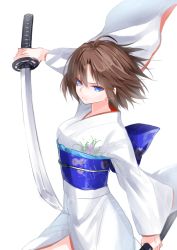 Rule 34 | 1girl, ahoge, blue eyes, breasts, brown hair, commentary request, cowboy shot, fate/grand order, fate (series), hair between eyes, holding, holding sword, holding weapon, japanese clothes, katana, kimono, long sleeves, looking at viewer, medium breasts, ryougi shiki, short hair, simple background, solo, sword, waka (shark waka), weapon, white background