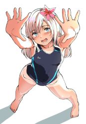 Rule 34 | 1girl, alternate costume, armpits, arms up, barefoot, blue eyes, blush, competition swimsuit, covered navel, flower, from above, full body, hair between eyes, hair flower, hair ornament, head tilt, kantai collection, legs, long hair, looking at viewer, one-piece swimsuit, one-piece tan, open mouth, ro-500 (kancolle), satsuki neko, simple background, smile, solo, standing, swimsuit, tan, tanline, thighs, white background, white hair