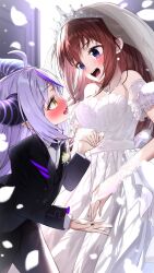 Rule 34 | 2girls, ahoge, alternate costume, bare shoulders, black horns, black jacket, black nails, black pants, black suit, blue eyes, blush, breasts, bridal veil, brown hair, commentary request, couple, cowboy shot, demon girl, demon horns, dress, earrings, female focus, flat chest, formal, happy, highres, holding hands, hololive, horns, jacket, jewelry, la+ darknesss, large breasts, long dress, long hair, long sleeves, looking at another, multicolored hair, multiple girls, nail polish, necklace, nose blush, open mouth, pants, pointy ears, purple hair, ring, sidelocks, smile, sorataka0930, standing, streaked hair, striped horns, suit, tiara, tokino sora, tuxedo, veil, very long hair, virtual youtuber, wedding, wedding dress, wedding ring, white dress, wife and wife, yellow eyes, yuri