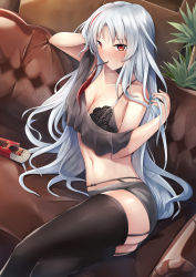 Rule 34 | 1girl, artist request, azur lane, bare shoulders, black bra, black shorts, black thighhighs, blush, bra, breasts, couch, highres, large breasts, long hair, looking at viewer, mole, mole on breast, multicolored hair, nail polish, off shoulder, official alternate costume, parted bangs, red eyes, red hair, shorts, silver hair, solo, streaked hair, tallinn (azur lane), tallinn (nostalgic pilsner) (azur lane), thighhighs, thighs, underwear, very long hair