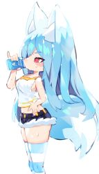 Rule 34 | 1girl, absurdres, animal ear fluff, animal ears, blue hair, blue thighhighs, can, denim, denim shorts, drink can, drinking, feet out of frame, fox ears, fox girl, fox tail, from side, hand on own hip, highres, long hair, mamuru, original, red eyes, short shorts, shorts, simple background, soda can, solo, striped clothes, striped thighhighs, sweat, tail, tank top, thighhighs, white background, white tank top, white thighhighs