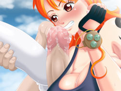 Rule 34 | 1boy, 2girls, breasts, rabbit, carrot (one piece), cleavage, fellatio, large breasts, long hair, multiple girls, nami (one piece), nude, one piece, oral, orange hair, penis, smile, tail, tattoo