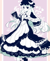 Rule 34 | 1girl, book, capelet, closed mouth, crescent, crescent hat ornament, dress, greyscale, greyscale with colored background, hat, hat ornament, holding, holding book, layered dress, limited palette, long sleeves, looking at viewer, mob cap, monochrome, nagare, patchouli knowledge, solo, touhou