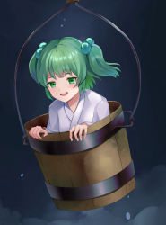 Rule 34 | 1girl, absurdres, blush, bucket, green eyes, green hair, hair bobbles, hair ornament, highres, in bucket, in container, japanese clothes, kimono, kisume, koizumo, long sleeves, open mouth, short hair, smile, solo, teeth, touhou, twintails, upper teeth only, white kimono, wide sleeves