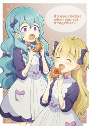 Rule 34 | 2girls, apron, barbie (shadows house), blonde hair, blue bow, blue dress, blue hair, blunt bangs, blush, bow, bread slice, closed eyes, croissant, dress, eating, emilico (shadows house), food, hair between eyes, hair bow, hair ornament, hato no12, highres, holding, holding food, long hair, multiple girls, open mouth, pocket, purple eyes, shadows house, toast, two side up, white apron