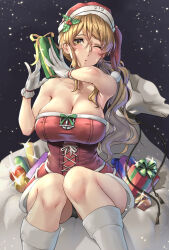 Rule 34 | 1girl, blush, box, breasts, brown eyes, cleavage, collarbone, feet out of frame, gift, gift box, gloves, hat, highres, holding, holding gift, kantai collection, kneehighs, kokuzou, large breasts, light brown hair, littorio (kancolle), long hair, one eye closed, parted lips, pom pom (clothes), red hat, santa costume, santa hat, socks, solo, white gloves, white socks