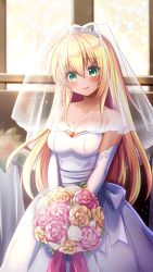 Rule 34 | 1girl, blonde hair, blush, bouquet, breasts, bridal veil, cleavage, closed mouth, collarbone, doukyuusei another world, dress, elbow gloves, flower, game cg, gloves, green eyes, hair between eyes, hair flower, hair ornament, head tilt, holding, holding bouquet, indoors, kakyuusei, large breasts, long dress, long hair, official art, pink flower, pink rose, rose, sleeveless, sleeveless dress, smile, solo, standing, strapless, strapless dress, tina (kakyuusei), veil, very long hair, wedding dress, white dress, white flower, white gloves, yellow flower, yellow rose