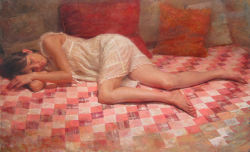 Rule 34 | 1girl, barefoot, brown hair, dress, closed eyes, feet, full body, highres, lying, misawa hiroshi, nightgown, oil painting (medium), on bed, on side, original, painting (medium), photorealistic, pillow, realistic, revision, sleeping, sleeveless, sleeveless dress, solo, traditional media, white dress