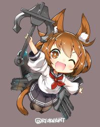Rule 34 | 1girl, anchor, animal ears, black thighhighs, bright pupils, brown eyes, brown hair, cat ears, cat tail, chibi, commentary request, folded ponytail, hair ornament, hairclip, highres, holding, holding anchor, ikazuchi (kancolle), kantai collection, kemonomimi mode, naitou ryuu, neckerchief, open mouth, pleated skirt, red neckerchief, rigging, school uniform, serafuku, short hair, signature, skirt, solo, tail, thighhighs, torpedo, torpedo tubes