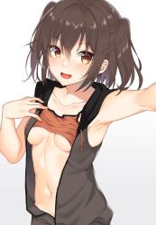 Rule 34 | 1girl, armpits, blush, breasts, brown eyes, brown hair, collarbone, hood, hood down, hooded vest, hoodie, kantai collection, long hair, medium breasts, open clothes, open mouth, open vest, selfie, sendai (kancolle), simple background, sleeveless, solo, sports bra, sweat, two side up, underboob, upper body, vest, white background, yuzuttan