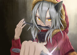 Rule 34 | 1girl, animal ears, arknights, commentary, english commentary, fangs, fur-trimmed hood, fur-trimmed jacket, fur trim, grey hair, hair between eyes, highres, holding, holding knife, hood, hood up, jacket, knife, knife in mouth, looking at viewer, mask, mask around neck, pointing weapon, projekt red (arknights), red jacket, sedr3777, shiny weapon, solo, wolf ears, wolf girl, yellow eyes
