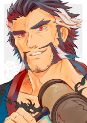 Rule 34 | 1boy, bara, beard, blue hair, daikoku (housamo), dark blue hair, ex65679708, facial hair, forked eyebrows, highres, looking at viewer, male focus, mature male, multicolored hair, muscular, muscular male, mustache, mutton chops, red eyes, sideburns, smile, solo, thick eyebrows, tokyo houkago summoners, two-tone hair, white hair