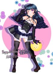 Rule 34 | 1girl, :o, artist name, artist request, bare shoulders, black bow, black choker, black dress, black footwear, black gloves, black skirt, black thighhighs, black wings, blue hair, blush, boots, bow, breasts, brown footwear, buttons, chocolate sailor, choker, cleavage, cloud, collarbone, cross-laced clothes, cross-laced dress, dress, elbow gloves, female focus, frilled dress, frills, full body, gloves, hair bun, highres, long hair, looking at viewer, love live!, love live! school idol festival, love live! sunshine!!, bowtie, one eye closed, parted lips, purple eyes, shoes, single hair bun, skirt, smile, solo, sunset, thighhighs, tsushima yoshiko, v over eye, white background, white skirt, wings