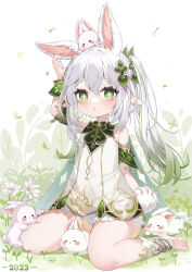 Rule 34 | 1girl, 2023, absurdres, animal ears, bloomers, bracelet, cape, cross-shaped pupils, detached sleeves, dress, extra ears, flower, full body, genshin impact, gold trim, gradient hair, green cape, green eyes, green hair, green sleeves, hair ornament, highres, jewelry, leaf hair ornament, long hair, looking at viewer, multicolored hair, nahida (genshin impact), parted lips, petals, pointy ears, short dress, side ponytail, sidelocks, sitting, sleeveless, sleeveless dress, solo, stirrup footwear, symbol-shaped pupils, toeless footwear, underwear, white bloomers, white dress, white flower, white footwear, white hair, yuia