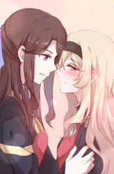 Rule 34 | 10s, 2girls, absurdres, blonde hair, blue eyes, blush, breasts, brown hair, closed mouth, ears visible through hair, gemi 25, hand on another&#039;s shoulder, highres, long hair, looking at another, medium breasts, multiple girls, open mouth, purple eyes, shoujo kageki revue starlight, simple background, yuri