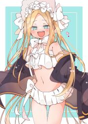 Rule 34 | 1girl, abigail williams (fate), abigail williams (swimsuit foreigner) (fate), abigail williams (swimsuit foreigner) (third ascension) (fate), bare shoulders, bikini, black jacket, blonde hair, blue eyes, blush, bonnet, bow, breasts, fate/grand order, fate (series), heart, highres, jacket, long hair, looking at viewer, moffuru (mofumofuddddd), navel, off shoulder, open clothes, open jacket, open mouth, parted bangs, small breasts, smile, solo, strapless, strapless bikini, swimsuit, thigh gap, two-tone background, very long hair, white bikini, white bow, white headwear