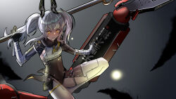 Rule 34 | 1girl, black bodysuit, bodysuit, breasts, closed mouth, covered navel, grey bodysuit, grey hair, headgear, highres, holding, holding polearm, holding weapon, huge weapon, karenina: scire (punishing: gray raven), karenina (punishing: gray raven), mechanical arms, mechanical legs, orange eyes, polearm, punishing: gray raven, sidelocks, small breasts, solo, twintails, weapon, yuchi (pixiv37424736)