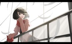 Rule 34 | 1girl, :d, black eyes, black hair, black necktie, black skirt, bob cut, commentary, empty eyes, feathers, hair strand, hand on railing, hand to own mouth, highres, juliet sleeves, letterboxed, long sleeves, looking to the side, messy hair, monogatari (series), naoetsu high school uniform, necktie, open mouth, oshino ougi, pink shirt, pleated skirt, puffy sleeves, railing, school uniform, shirt, short hair, skirt, sleeves past fingers, sleeves past wrists, smile, solo, white feathers, wind, window, yamada maya (yamdmay)