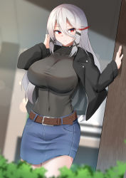 Rule 34 | 1girl, absurdres, arm support, belt, black jacket, black shirt, breasts, brown belt, closed mouth, collarbone, covered navel, denim, denim skirt, feet out of frame, hair ornament, hairclip, hand in own hair, highres, huge breasts, j yak47, jacket, klone (j.roswel), large breasts, long hair, looking at viewer, multicolored hair, open clothes, open jacket, original, red eyes, shirt, silver hair, simple background, skirt, smile, solo, standing