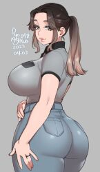 Rule 34 | 1girl, agawa ryou, artist name, ass, blue pants, breast pocket, breasts, brown eyes, brown hair, closed mouth, collared shirt, commentary, curvy, dated, denim, english commentary, eyelashes, grey background, grey shirt, hand on own hip, hand on own thigh, huge ass, huge breasts, impossible clothes, impossible shirt, jeans, jewelry, lips, long hair, looking at viewer, mature female, original, pants, pocket, ponytail, ring, shirt, short sleeves, sidelocks, smile, solo, standing, thick thighs, thighs, tight clothes, tight pants, twisted torso