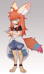 Rule 34 | 1girl, animal ear fluff, animal ears, anklet, blue eyes, body fur, choker, clothes around waist, female focus, fish7163, food, fox ears, fox tail, fruit, full body, furry, furry female, gradient background, highres, jacket, jacket around waist, jewelry, orange (fruit), original, puffy shorts, shorts, solo, standing, tail