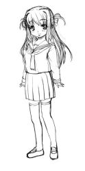 Rule 34 | 1girl, bow, greyscale, kirin kakeru, long hair, long image, monochrome, school uniform, serafuku, simple background, solo, tall image, thighhighs