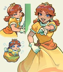 Rule 34 | 1girl, air bubble, blue eyes, blush, breasts, brooch, brown hair, bubble, chibi, closed mouth, commentary, crown, dress, earrings, english commentary, flower earrings, flying sweatdrops, frilled gloves, frilled sleeves, frills, gem, gloves, green background, hand up, happy, highres, jewelry, long hair, looking at viewer, mario (series), medium breasts, multiple views, nintendo, nycnouu, one eye closed, open mouth, parted bangs, pink lips, princess daisy, puffy short sleeves, puffy sleeves, pushing, short sleeves, simple background, smile, standing, super mario bros. wonder, swimming, teeth, tongue, underwater, warp pipe, water, white gloves, yellow dress