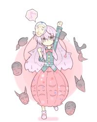 Rule 34 | 1girl, abint, bad id, bad pixiv id, bow, bubble skirt, clenched hands, fox mask, hata no kokoro, long hair, mask, oni mask, outstretched arms, pink eyes, pink hair, plaid, plaid shirt, raised fist, shirt, skirt, solo, tengu mask, touhou