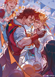 Rule 34 | 2boys, 2girls, alcohol, apron, artist logo, artist name, bandana, battle tendency, belt, belt buckle, birthday, blonde hair, blue belt, brown gloves, brown hair, buckle, caesar anthonio zeppeli, cake, chinese commentary, closed eyes, commentary, commentary request, confetti, cup, drinking glass, facial mark, fake whiskers, feather hair ornament, feathers, fingerless gloves, flower, food, food on face, fork, gloves, green eyes, hair flower, hair ornament, headband, highres, holding, holding fork, holding knife, holding party popper, icing, jacket, jojo no kimyou na bouken, joseph joestar, joseph joestar (young), knife, laughing, lisa lisa, long hair, multiple boys, multiple girls, open mouth, pants, party, party popper, pennant, polka dot, short hair, sleeves rolled up, smile, string of flags, striped clothes, striped pants, suspenders, suzi q, sweater vest, symbol-only commentary, triangle print, watermark, white jacket, white pants, wine, wine glass, wiping face, xianlan