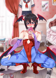 Rule 34 | 1girl, asanagi, blush, breasts, cellphone, cosplay, full body, high heels, lilith aensland, lilith aensland (cosplay), nipple slip, nipples, phone, selfie, sex toy, short hair, small breasts, smartphone, solo, spread legs, squatting, tagme, taking picture, vampire (game)