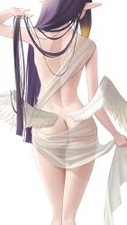 Rule 34 | 1girl, absurdres, ass, commentary, english commentary, from behind, highres, holding, holding hair, hololive, hololive english, long hair, low wings, ninomae ina&#039;nis, nude, pointy ears, purple hair, shawl, simple background, solo, somebody (leiking00), standing, very long hair, virtual youtuber, white background, wings