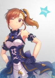 Rule 34 | 1girl, arm garter, back bow, bare shoulders, blue bow, blue dress, blue gloves, bow, bowtie, breasts, brown hair, chain, character name, closed mouth, collar, commentary request, cowboy shot, dress, dutch angle, frilled collar, frilled dress, frilled gloves, frills, futami mami, gloves, gradient background, grey background, hair bow, hair ornament, hands on own hips, head tilt, idolmaster, idolmaster (classic), idolmaster million live!, idolmaster million live! theater days, jewelry, lace, lace gloves, layered dress, leaf hair ornament, looking at viewer, necklace, one eye closed, poroze, short hair, side ponytail, sleeveless, sleeveless dress, small breasts, smile, smug, solo, standing, star (symbol), swept bangs, v-shaped eyebrows, white bow