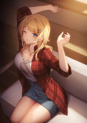 Rule 34 | 1girl, arms up, belt, blonde hair, blue shorts, breasts, cleavage, denim, denim skirt, genyaky, hachimiya meguru, hair ornament, hairclip, highres, idolmaster, idolmaster shiny colors, jewelry, large breasts, looking at viewer, necklace, one eye closed, open clothes, open shirt, plaid, plaid shirt, red shirt, shirt, shorts, signature, sitting, skirt, solo, star (symbol), star hair ornament, thighs, white shirt