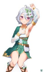 Rule 34 | 1girl, absurdres, antenna hair, arm up, armpits, bare shoulders, blush, bridal gauntlets, commentary request, detached sleeves, dress, feet out of frame, flower, goback, green dress, hair between eyes, hair flower, hair ornament, highres, knees together feet apart, kokkoro (princess connect!), long sleeves, looking at viewer, parted lips, pointy ears, princess connect!, puffy long sleeves, puffy sleeves, purple eyes, see-through, see-through sleeves, shadow, sidelocks, signature, silver hair, sleeveless, sleeveless dress, solo, white background, white flower, white sleeves
