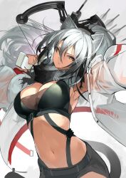 Rule 34 | 1girl, absurdres, animal ears, arknights, armpits, black scarf, black shorts, bow (weapon), breasts, cat ears, cat tail, cleavage, commentary, crop top, crossbow, grey hair, head tilt, highres, holding, holding crossbow, holding weapon, jacket, large breasts, long hair, looking at viewer, midriff, navel, onkyi, open clothes, open jacket, scarf, schwarz (arknights), short shorts, shorts, solo, stomach, tail, upper body, very long hair, weapon, white jacket, yellow eyes