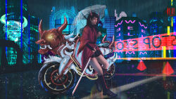 Rule 34 | 1girl, backwards text, bad id, bad pixiv id, bare legs, black footwear, black hair, boots, building, city, city lights, cityscape, cross-laced footwear, cyberpunk, english text, holding, holding umbrella, horns, japanese clothes, kimono, knee boots, lace-up boots, lefthandchi, long hair, mirrored text, motor vehicle, motorcycle, night, night sky, obi, oni, oni horns, original, rain, red kimono, sash, scenery, sky, skyline, skyscraper, solo, sword, tagme, transparent, transparent umbrella, umbrella, water drop, weapon