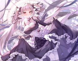 Rule 34 | 1girl, alllisso, artist name, azur lane, bare shoulders, between breasts, black dress, black nails, black ribbon, blurry, blurry background, blush, breasts, clock, closed mouth, clothes lift, dress, dress lift, earrings, flight deck, formidable (azur lane), frilled dress, frills, gothic lolita, highres, jewelry, large breasts, layered dress, light brown hair, lolita fashion, long hair, looking at viewer, making-of available, red eyes, ribbon, solo, two-tone dress, two-tone ribbon, very long hair, white dress, white ribbon