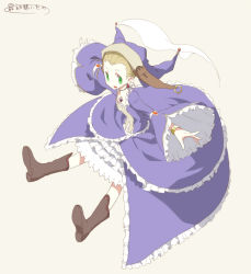 Rule 34 | 10s, 1girl, blush, bonnet, boots, brown hair, dress, frills, full body, green eyes, hat, magical girl, mahou shoujo madoka magica, mahou shoujo madoka magica (anime), mitsusaka mitsumi, outstretched arms, outstretched leg, personification, simple background, smile, solo, spread arms, walpurgisnacht (madoka magica)