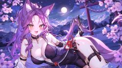 Rule 34 | 1girl, alllisso, animal ear fluff, animal ears, black dress, breasts, brown eyes, cherry blossoms, collar, commission, dress, fang, fox ears, fox girl, fox tail, full moon, highres, indie virtual youtuber, large breasts, long hair, moon, night, open mouth, ponytail, purple hair, saiya (vtuber), solo, tail, thigh strap, torii, water