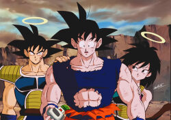 Rule 34 | 1990s (style), 1girl, 2boys, bardock, black eyes, black hair, closed mouth, commentary, dragon ball, dragon ball super, facial scar, father and son, gine, halo, hand on another&#039;s arm, hand on another&#039;s shoulder, highres, looking at another, monkey tail, mother and son, multiple boys, open mouth, retro artstyle, saiyan armor, salvamakoto, scar, scar on cheek, scar on face, scouter, sky, smile, son goku, spiked hair, tail, torn clothes, upper body