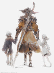 Rule 34 | 1girl, 2boys, aged down, alfonse (ff14), allie (ff14), armor, black shorts, blue coat, boots, child, coat, dragon horns, dragon tail, facing away, father and daughter, father and son, final fantasy, final fantasy xiv, from behind, from side, full body, gaius van baelsar, gauntlets, greaves, grey background, gunblade, helmet, highres, holding hands, horns, long sleeves, male focus, multiple boys, open mouth, pants, pauldrons, q6q6tikin, scales, shadow, shoes, short hair, shorts, shoulder armor, silver hair, smile, spoilers, tail, twitter username, walking, weapon, weapon on back, white coat, white pants