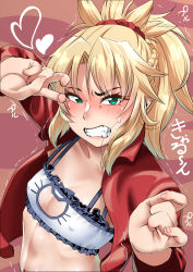 Rule 34 | 1girl, blush, bra, braid, breasts, cat cutout, cat lingerie, clenched teeth, clothing cutout, collarbone, fate/apocrypha, fate (series), french braid, frilled bra, frills, green eyes, hair ornament, hair scrunchie, jacket, long hair, long sleeves, looking at viewer, meme attire, mordred (fate), mordred (fate/apocrypha), mordred (memories at trifas) (fate), navel, nosame, open clothes, open jacket, ponytail, red jacket, red scrunchie, scrunchie, sidelocks, small breasts, solo, teeth, trembling, underwear, v, white bra