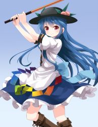 Rule 34 | 1girl, black hat, blue background, blue hair, blue skirt, boots, brown footwear, food, frilled skirt, frills, fruit, gradient background, hat, highres, hinanawi tenshi, knee boots, leaf, long hair, peach, puffy short sleeves, puffy sleeves, rainbow order, red eyes, ruu (tksymkw), shirt, short sleeves, simple background, skirt, solo, swinging, sword of hisou, touhou, v-shaped eyebrows, very long hair, white shirt